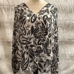 INC International Concepts Black and White Paisley V-Neck Blouse